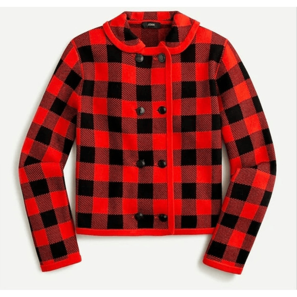 J. Crew Sweater Jacket Plaid Red Black - Picture 3 of 13